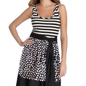 DKNY Black and White Striped and Spotted Dress with Bow Sash